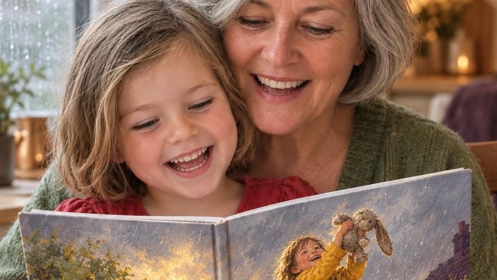A laughing girl reads a picture book with her grandmother, in which she sees herself in a yellow raincoat