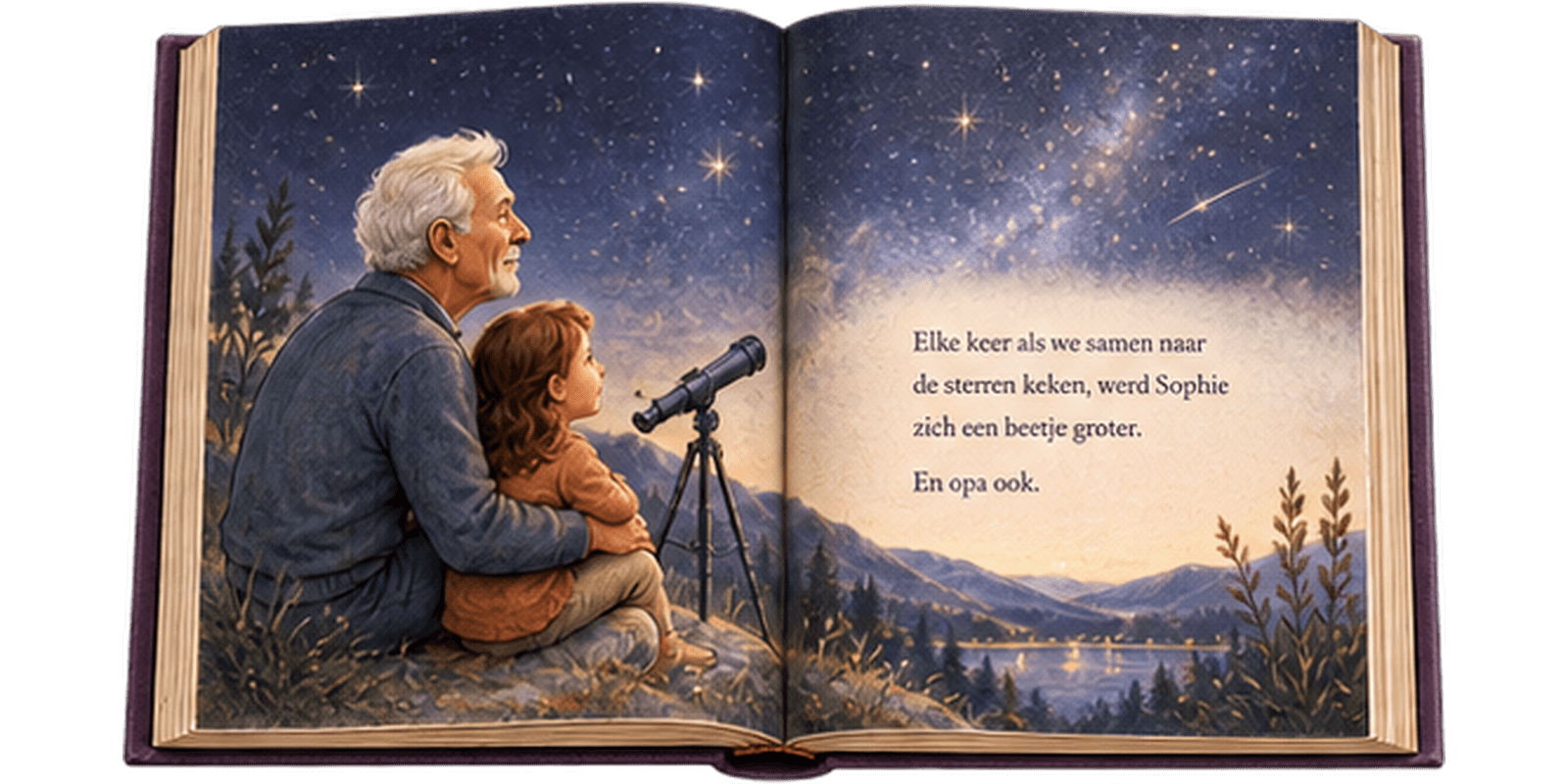 Opengeslagen boek: Sophie en opa kijken samen door een telescoop naar de sterren