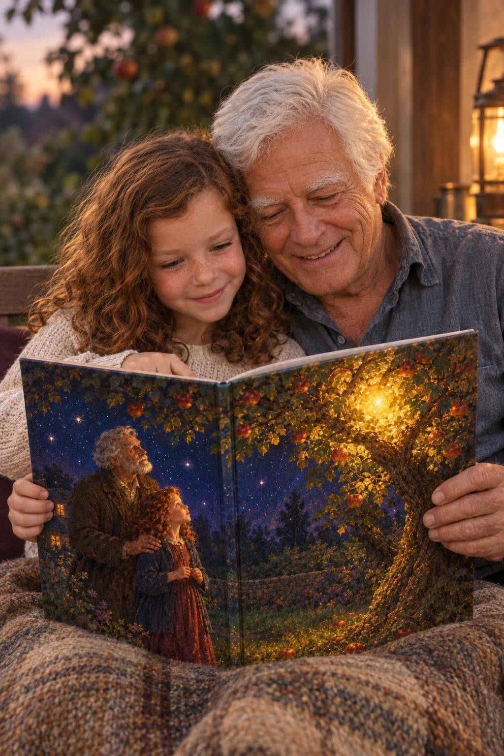 Sophie en opa lezen samen hun boek; op de kaft staan ze onder de appelboom met het vreemde licht