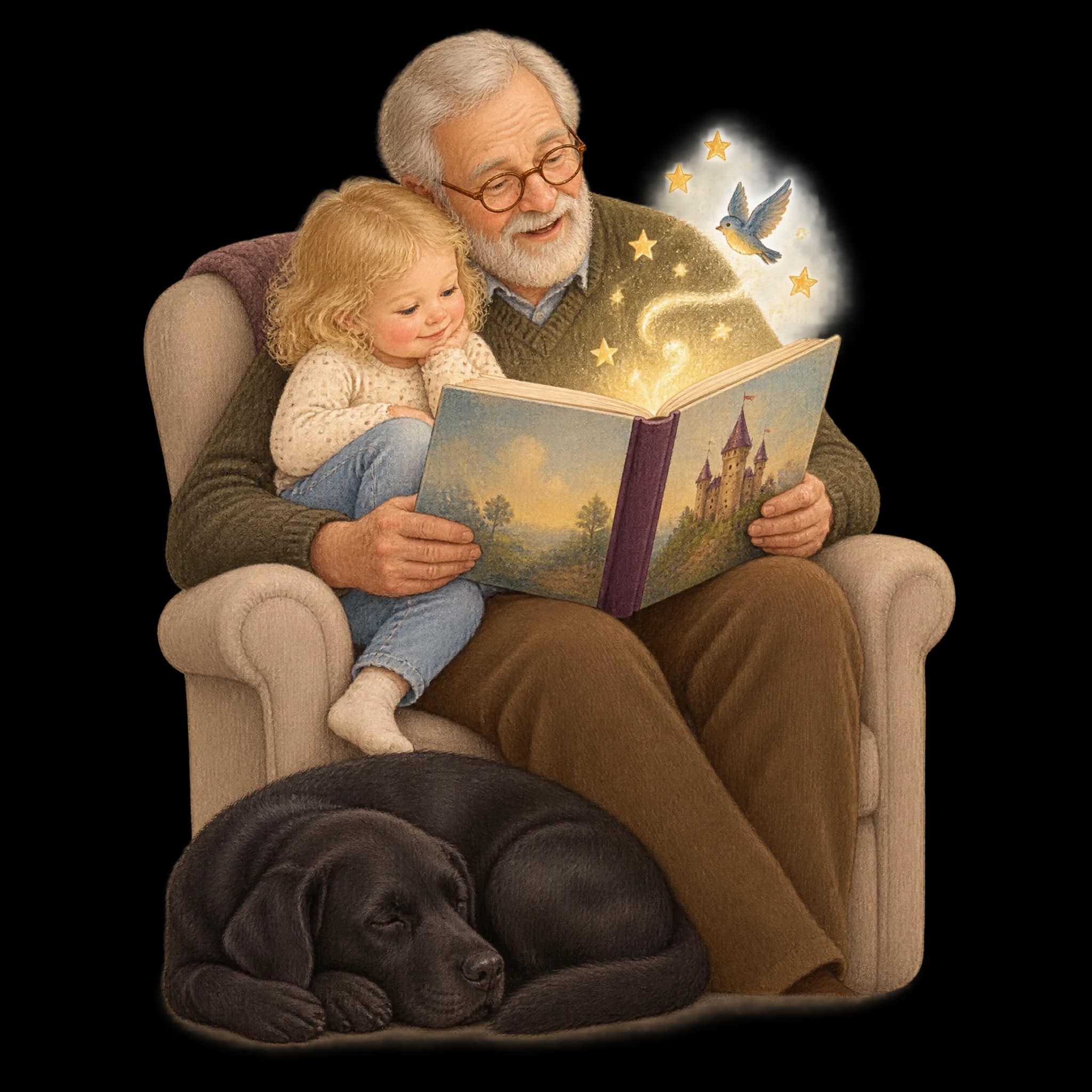 Een opa in een fauteuil leest voor uit een prentenboek met aubergine rug, een kleuter op zijn schoot, een zwarte labrador slapend aan zijn voeten, en uit de bladzijden stijgen een kasteel, gouden sterren en een vogeltje op