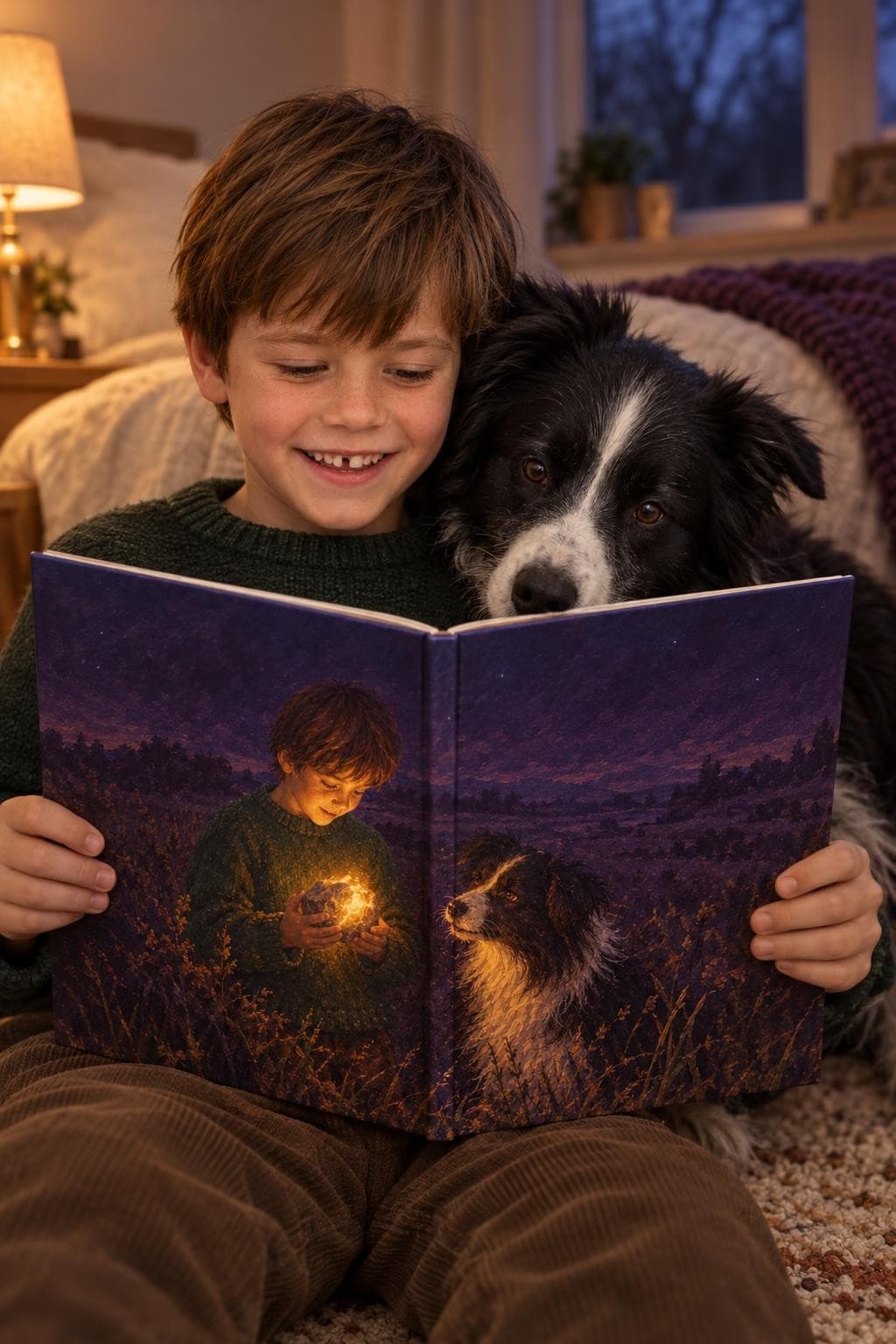 Daan leest zijn boek met hond Storm tegen zich aan; op de kaft houdt hij de steen die licht geeft