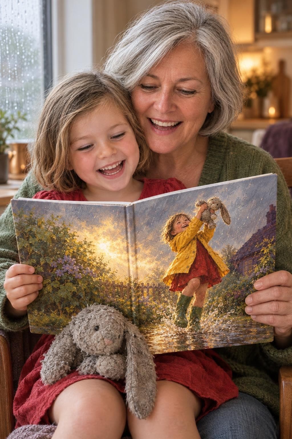 Fien leest bij oma op schoot, met Pluis op haar knieën; op de kaft danst ze in de regen