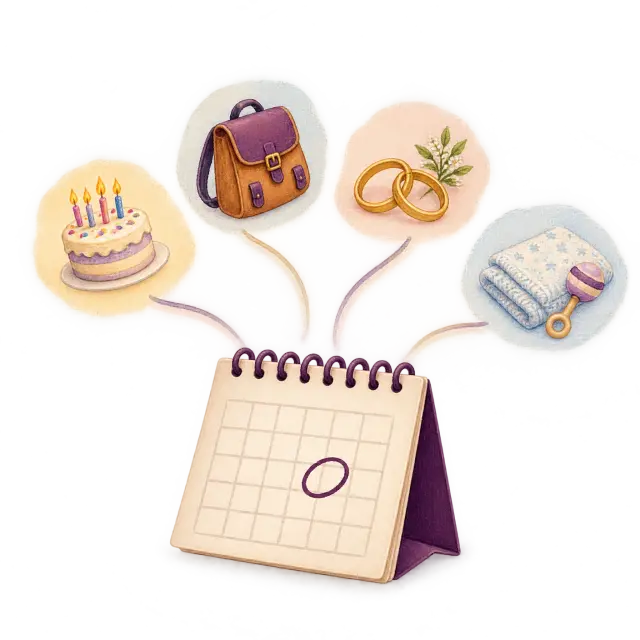 Een kalender met één datum omcirkeld, met daarboven een taart, een schooltas, twee ringen en een babydekentje