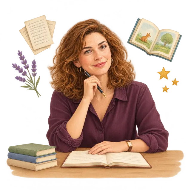 Mira aan haar schrijftafel met een vulpen, omringd door geschreven bladzijden, een open prentenboek, een takje lavendel en een paar gouden sterren