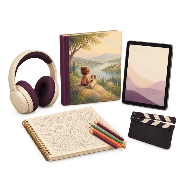 Een hardcover boek, een tablet, een koptelefoon, een kleurboek en een filmklapper