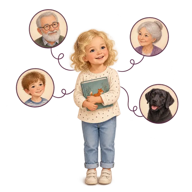 Een meisje met een prentenboek in haar armen, omringd door vier getekende portretten van opa, oma, een jongen en een zwarte labrador, met dunne inktlijnen met haar verbonden