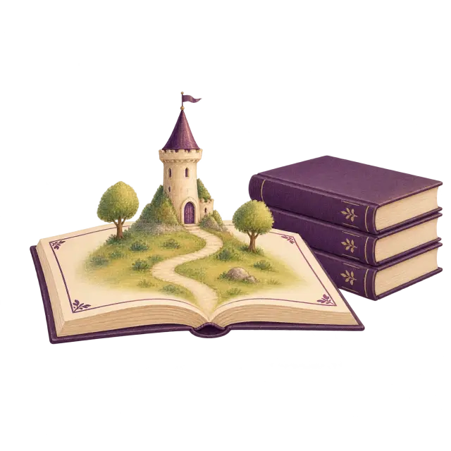 Een open prentenboek waar een kleine wereld met een kasteel uit oprijst, naast een stapel identieke boeken